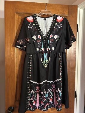 SHEIN Black Mini Dress with Pink, Red, White and Teal Floral print